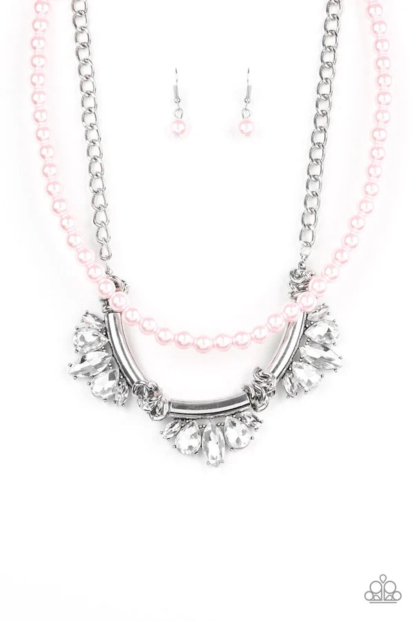 Bow Before the Queen - Oversized Pink Pearl Teardrop/Marquise Accent Fringe Necklace N#6958