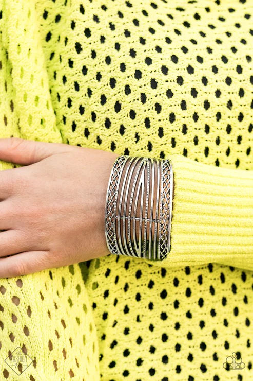 Brace Yourself - Oversized Silver Bordered CrissCrossed Hammered Cuff Bracelet B#4768