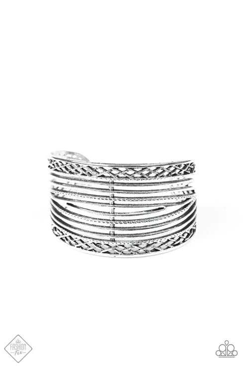 Brace Yourself - Oversized Silver Bordered CrissCrossed Hammered Cuff Bracelet B#4768