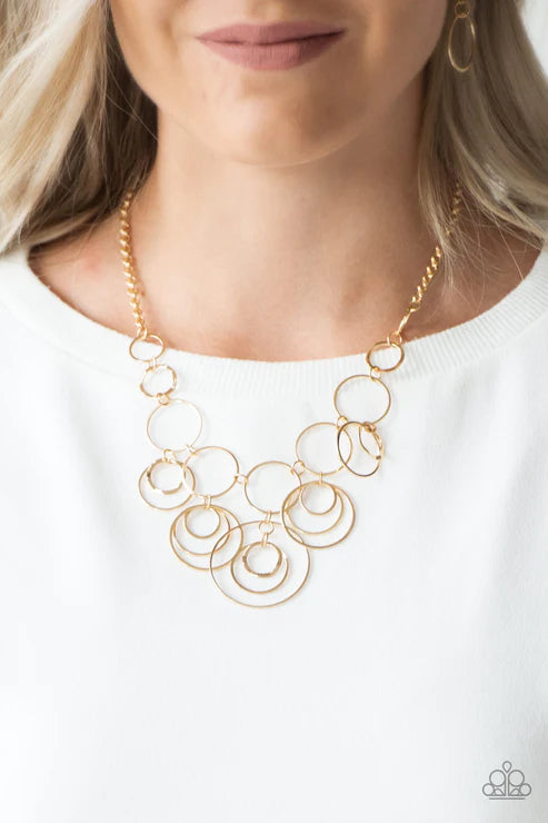 Break The Cycle - Gold Mismatched Hammered Industrial  Hoop Necklace N#4374
