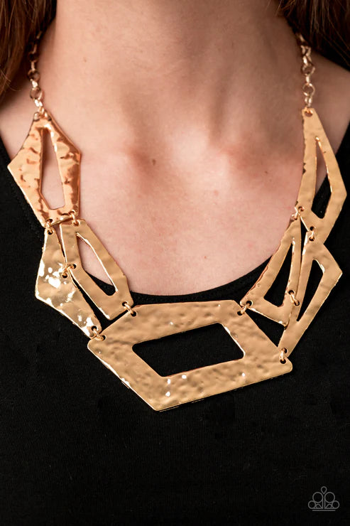 Break The Mold - Oversized Gold Hammered Asymmetrical Abstract Link Necklace N#2917