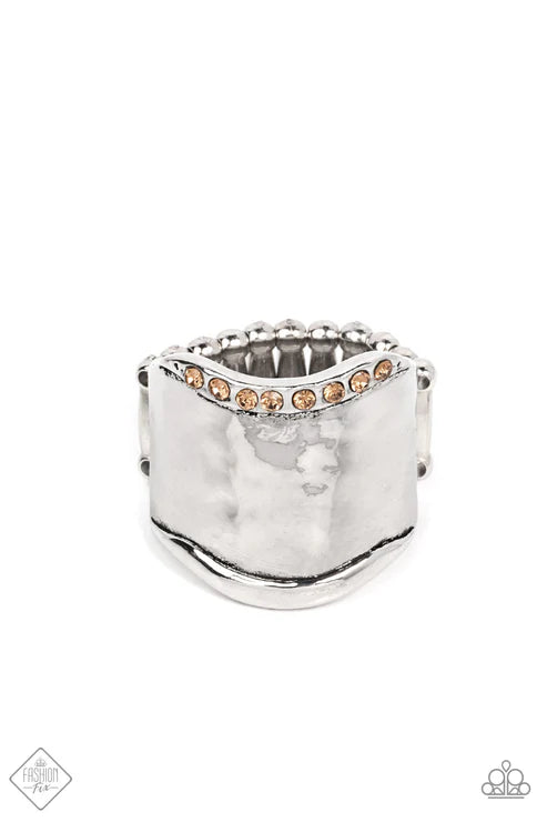 Brilliantly Bordered - Brown Wave Light Topaz Encrusted Floats Hammered Upscale Artisan Edge Ring R#7360