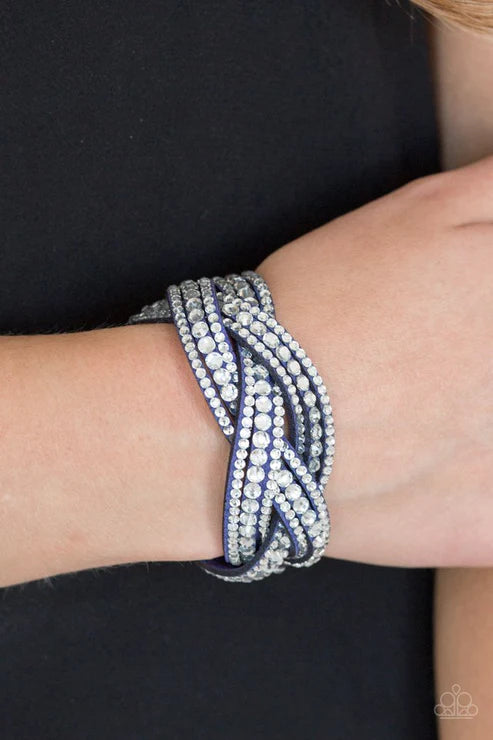 Bring On The Bling - Blue Encrusted Interwoven Suede Wrap Adjustable Snap Closure Bracelet B#3667