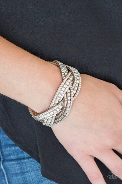 Bring On The Bling - Brown Encrusted Interwoven Suede Wrap Adjustable Snap Closure Bracelet B#3900