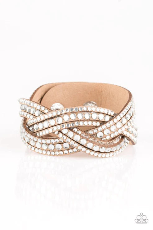 Bring On The Bling - Brown Encrusted Interwoven Suede Wrap Adjustable Snap Closure Bracelet B#3900