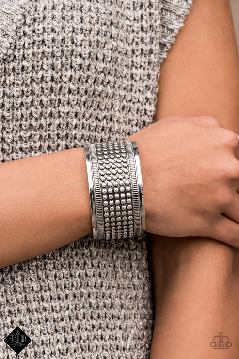 Bronco Bust - Oversized Silver Dotted Textured Linear Cuff Bracelet B#6652