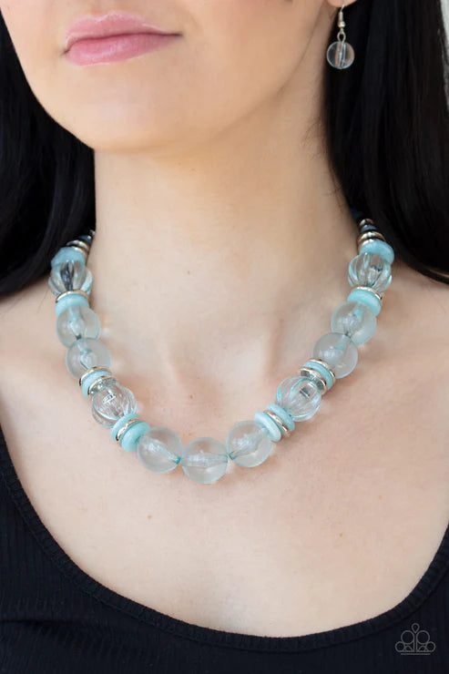 Bubbly Beauty - Oversized Bubbly Glassy Blue/Silver Crystal Disc Accent Necklace N#3614