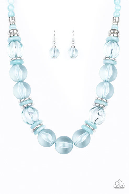 Bubbly Beauty - Oversized Bubbly Glassy Blue/Silver Crystal Disc Accent Necklace N#3614