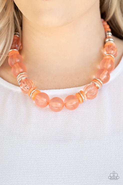 Bubbly Beauty - Oversized Bubbly Glassy Orange/Silver Crystal Disc Accent Necklace N#4409