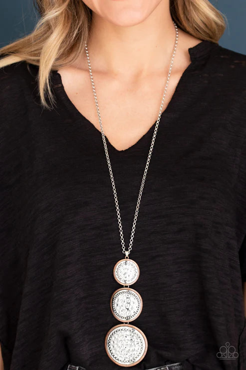 Buckle Down - Copper/Silver Trio Studded Hammered Buckle Plate Necklace N#4381