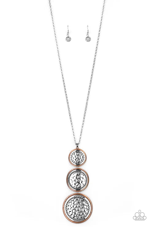 Buckle Down - Copper/Silver Trio Studded Hammered Buckle Plate Necklace N#4381