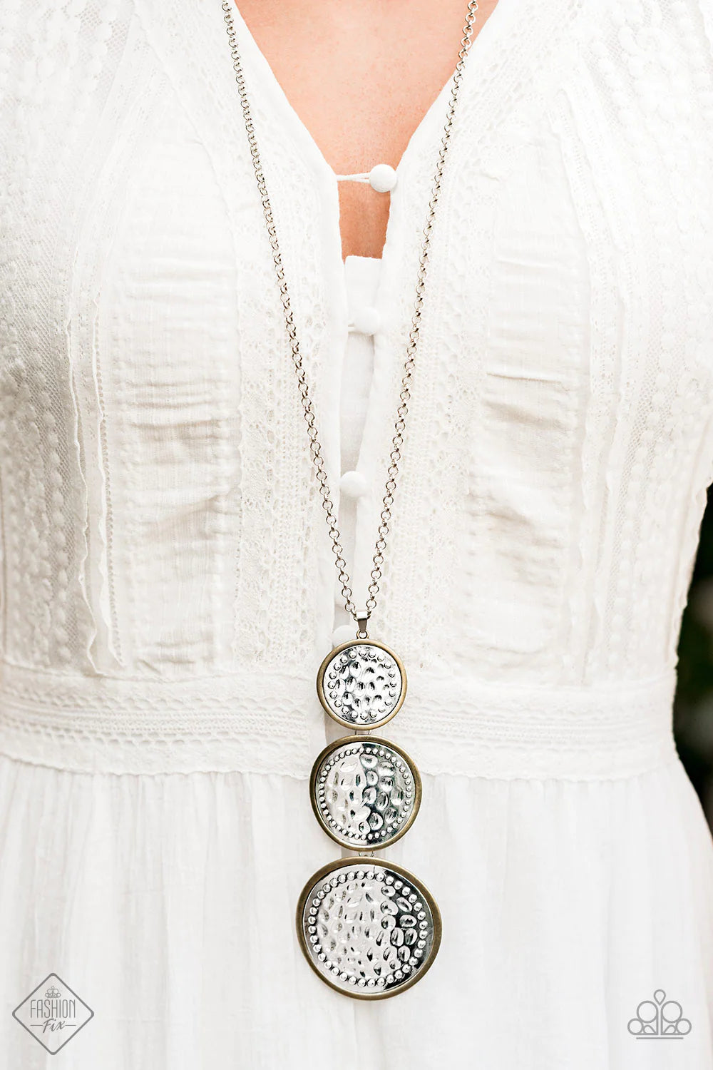 Buckle Down - Brass/Silver Trio Studded Hammered Buckle Plate Necklace N#3894
