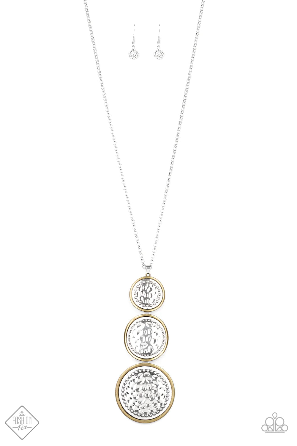Buckle Down - Brass/Silver Trio Studded Hammered Buckle Plate Necklace N#3894