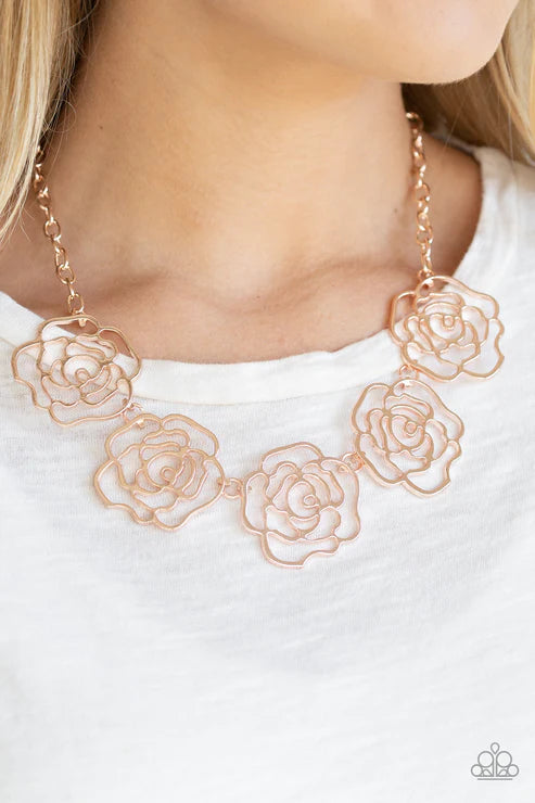 Budding Beauty - Oversized Rose Gold 3D Stenciled RoseBud Necklace N#4249