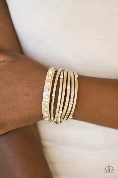 CATWALK It Off - Gold/Brown Dusted Metallic Shimmer Encrusted Spliced Leather Double Wrap Adjustable Snap Closure Bracelet B#3854