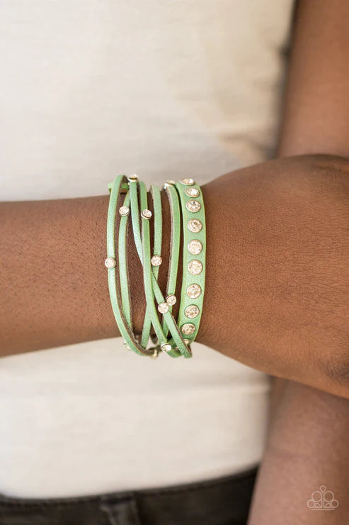 CATWALK It Off - Green Dusted Metallic Shimmer Encrusted Spliced Leather Double Wrap Adjustable Snap Closure Bracelet B#4196