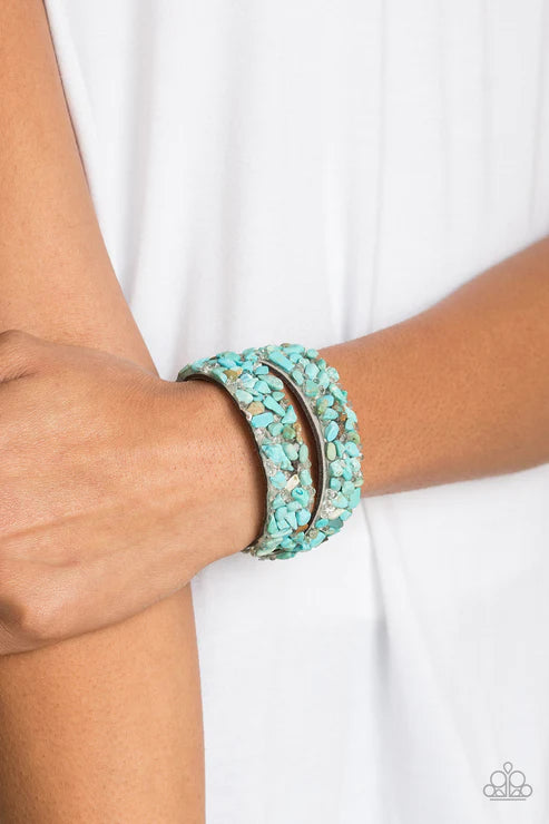 CRUSH To Conclusions - Oversized Blue/Gray Crushed Rocks Suede Double Wrap Adjustable Snap Closure Bracelet B#4219
