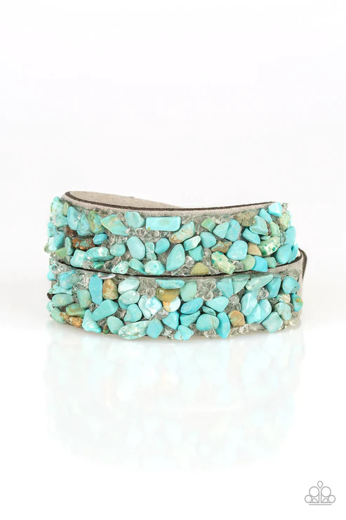 CRUSH To Conclusions - Oversized Blue/Gray Crushed Rocks Suede Double Wrap Adjustable Snap Closure Bracelet B#4219