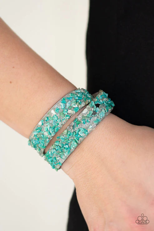 CRUSH To Conclusions - Oversized Green/Gray Crushed Rocks Suede Double Wrap Adjustable Snap Closure Bracelet B#3698
