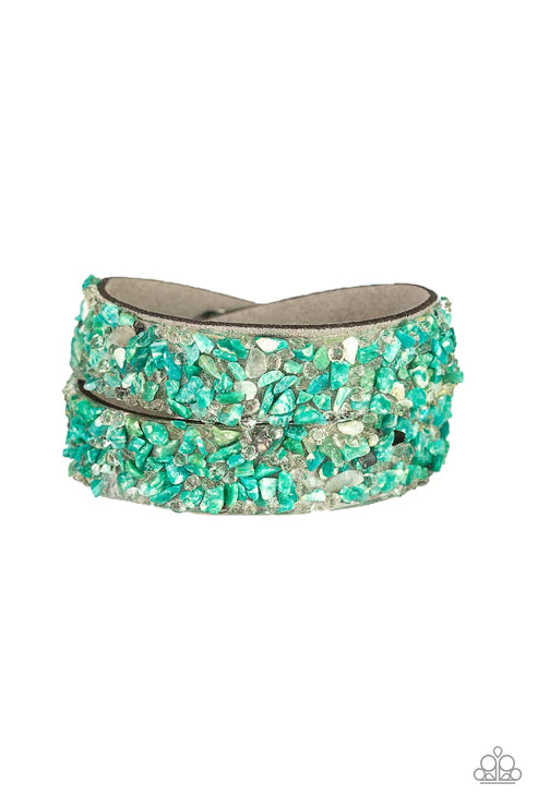 CRUSH To Conclusions - Oversized Green/Gray Crushed Rocks Suede Double Wrap Adjustable Snap Closure Bracelet B#3698