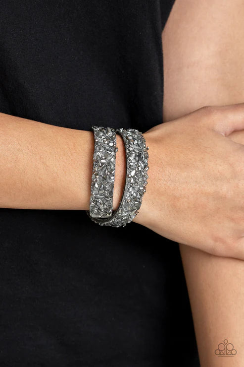 CRUSH To Conclusions - Oversized Silver/Gray Hematite Crushed Rocks Suede Double Wrap Adjustable Snap Closure Bracelet B#4225