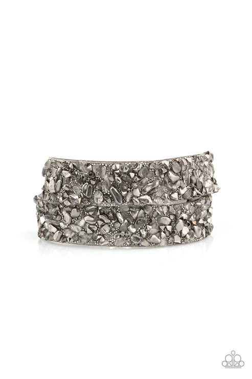 CRUSH To Conclusions - Oversized Silver/Gray Hematite Crushed Rocks Suede Double Wrap Adjustable Snap Closure Bracelet B#4225