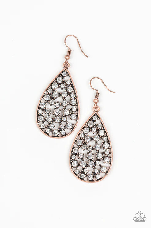 Call Me Ms. Universe - Oversized Copper/White Airy Encrusted Teardrop Earrings E#3694