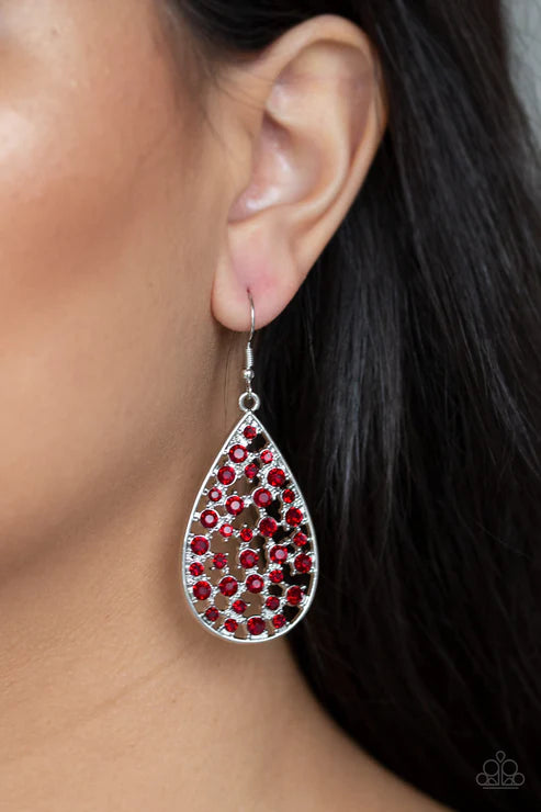 Call Me Ms. Universe - Oversized Red Airy Encrusted Teardrop Earrings E#6069