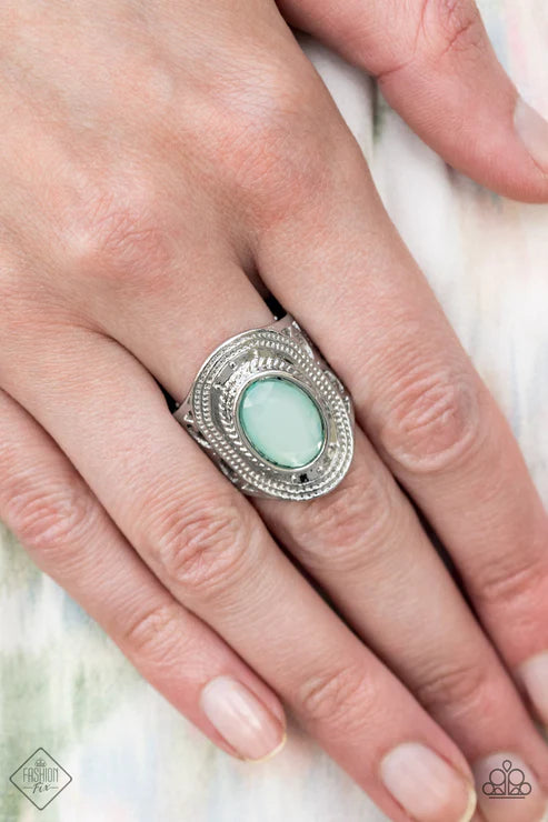Calm And Classy - Blue (Dewy Blue Tint) Oval Gem Pressed Textured Frame Raised Centerpiece Ring R#7393