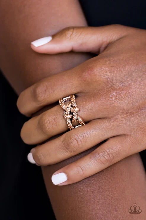 Can Only Go UPSCALE From Here - Copper/Peach Encrusted CrissCross Square Knot Ring R#4064