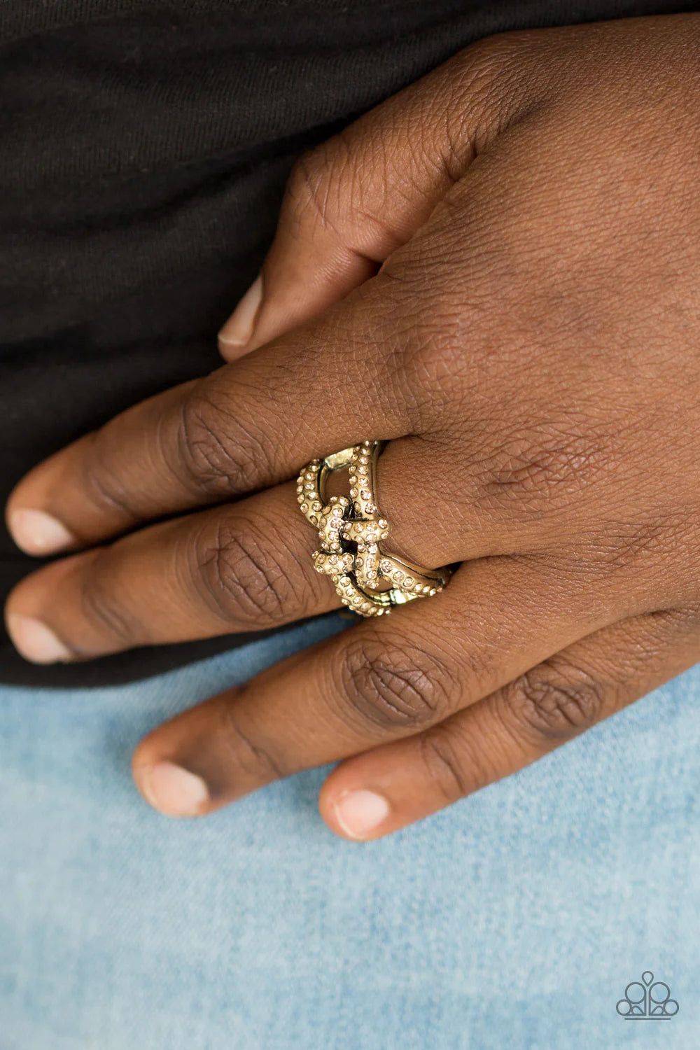 Can Only Go UPSCALE From Here - Brass/Golden Topaz Encrusted CrissCross Square Knot Ring R#7078
