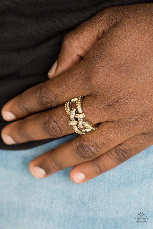 Can Only Go UPSCALE From Here - Brass/Golden Topaz Encrusted CrissCross Square Knot Ring R#7078