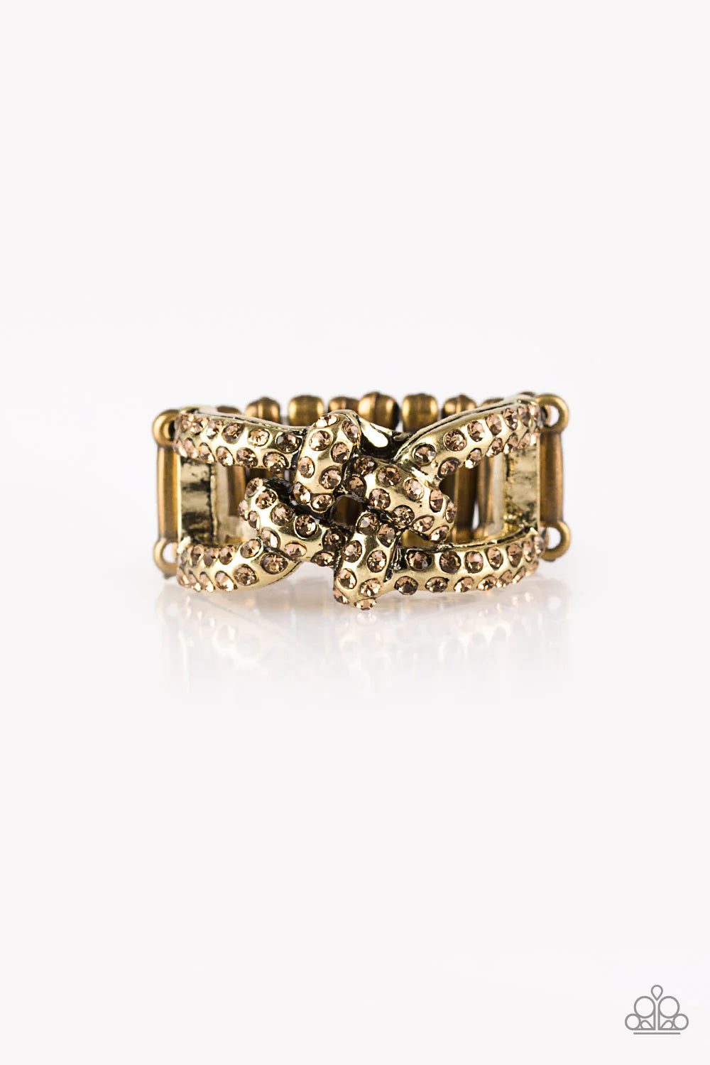 Can Only Go UPSCALE From Here - Brass/Golden Topaz Encrusted CrissCross Square Knot Ring R#7078