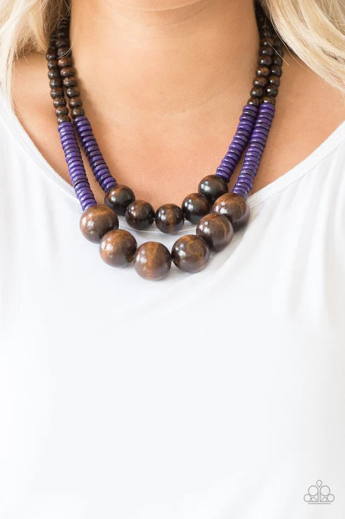 Cancun Cast Away - Oversized Purple/Brown Distressed Wooden Discs Button Loop Closure Necklace N#4942