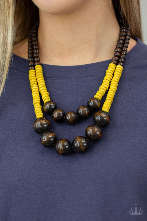 Cancun Cast Away - Oversized Yellow/Brown Distressed Wooden Discs Button Loop Closure Necklace N#4842
