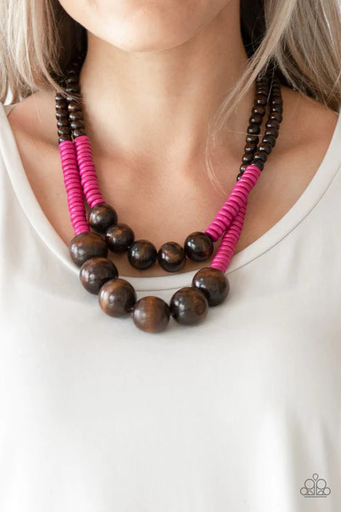 Cancun Cast Away - Oversized Pink/Brown Distressed Wooden Discs Button Loop Closure Necklace N#7186