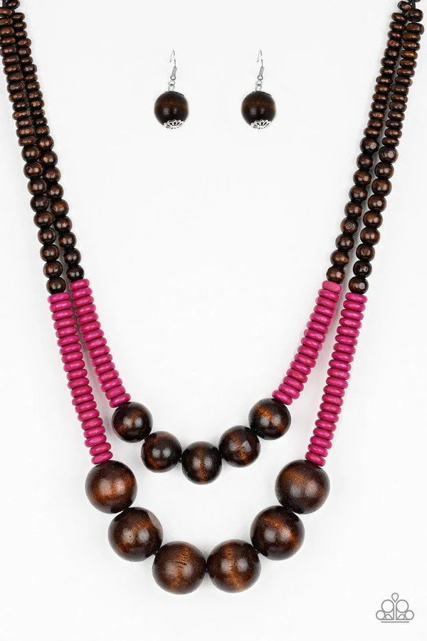 Cancun Cast Away - Oversized Pink/Brown Distressed Wooden Discs Button Loop Closure Necklace N#7186