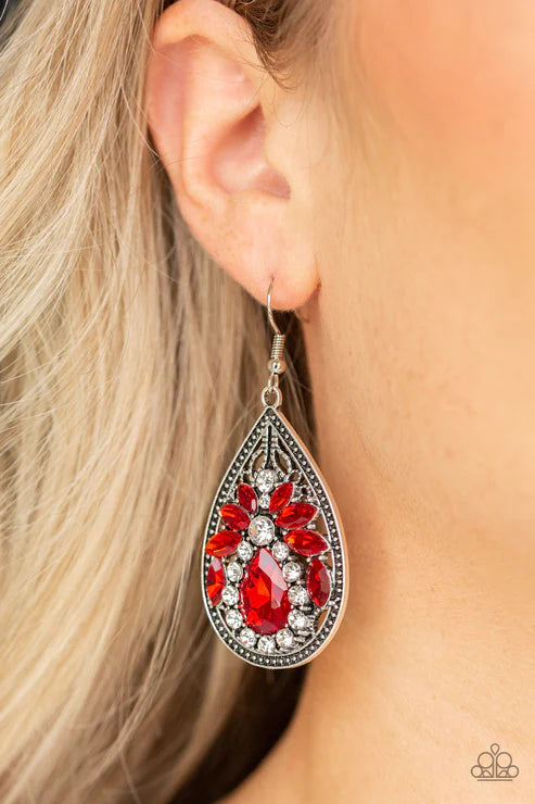 Candlelight Sparkle - Fiery Red Studded Encrusted Teardrop Earrings E#6932