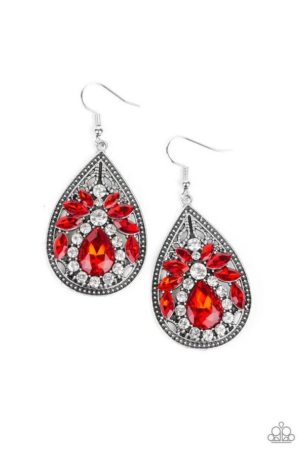 Candlelight Sparkle - Fiery Red Studded Encrusted Teardrop Earrings E#6932