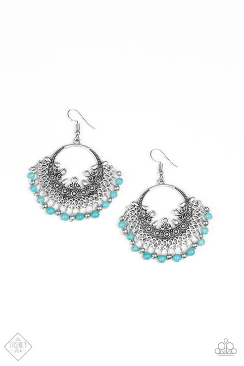 Canyonlands Celebration - Oversized Blue Fringe Silver Beads/Stone Ornate Hoop Dotted Intricate Detail Earrings E#7444