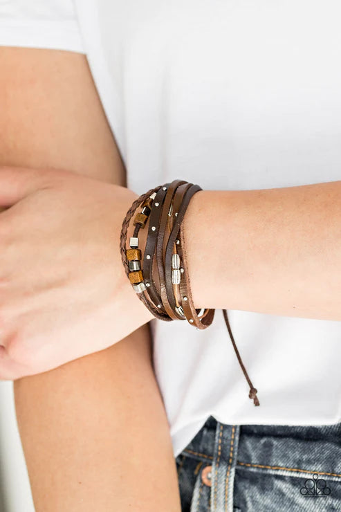Carefree Camper - Brown Silver Cube/Wood/Accent Slide-along Leather Urban Bracelet B#3676