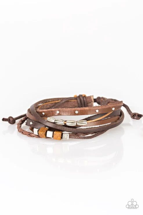 Carefree Camper - Brown Silver Cube/Wood/Accent Slide-along Leather Urban Bracelet B#3676