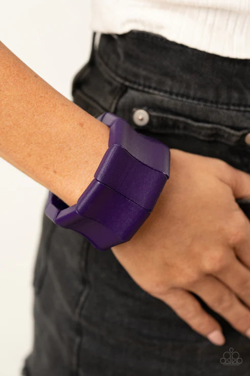 Caribbean Couture - Oversize Purple Curved Rectangular Distressed Wood Bracelet B#4944