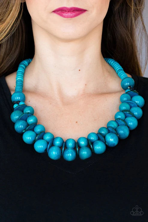 Caribbean Cover Girl - Oversized Blue Distressed Wooden Discs Button Loop Closure Necklace N#4895