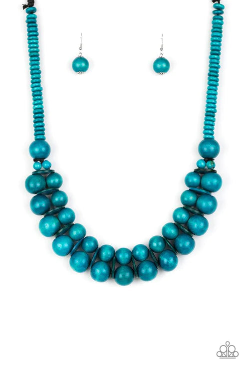 Caribbean Cover Girl - Oversized Blue Distressed Wooden Discs Button Loop Closure Necklace N#4895