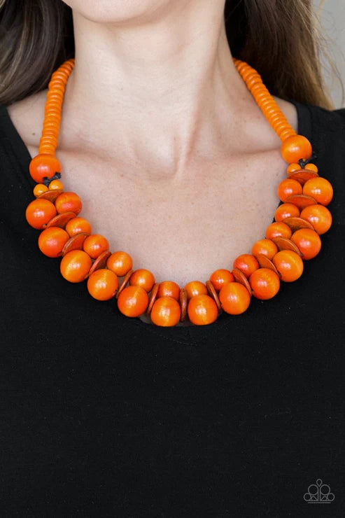 Caribbean Cover Girl - Oversized Orange Distressed Wood Disc Button Loop Closure Necklace N#4834