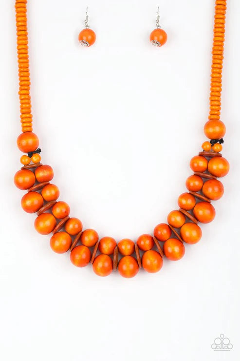 Caribbean Cover Girl - Oversized Orange Distressed Wood Disc Button Loop Closure Necklace N#4834
