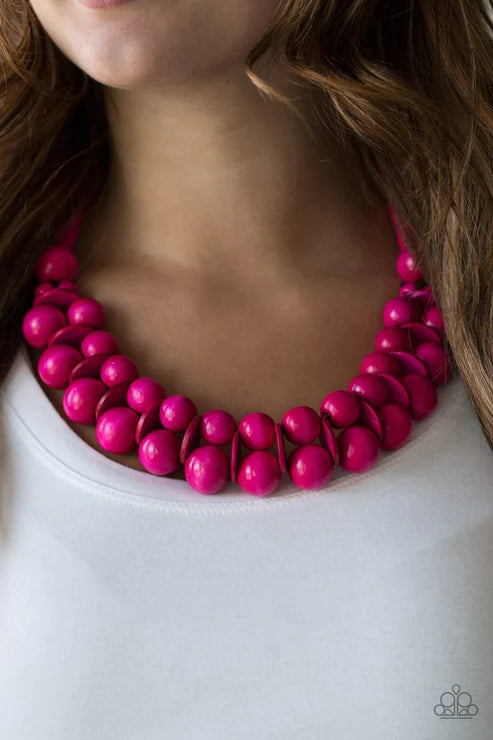 Caribbean Cover Girl - Oversized Pink Distressed Wooden Discs Button Loop Closure Necklace N#4827