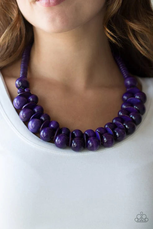 Caribbean Cover Girl - Oversized Purple Distressed Wooden Discs Button Loop Closure Necklace N#4938