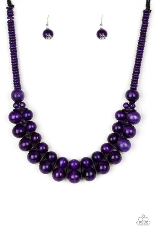 Caribbean Cover Girl - Oversized Purple Distressed Wooden Discs Button Loop Closure Necklace N#4938